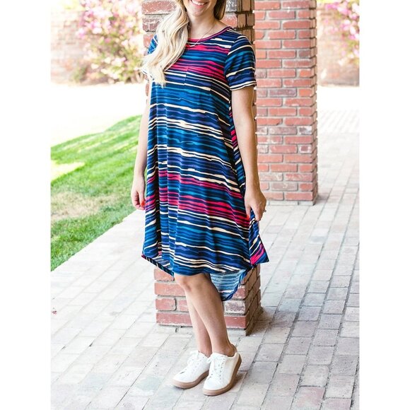 Lularoe Carly Striped Navy & Pink Feather Print High-Low Dress Small - Picture 11 of 14